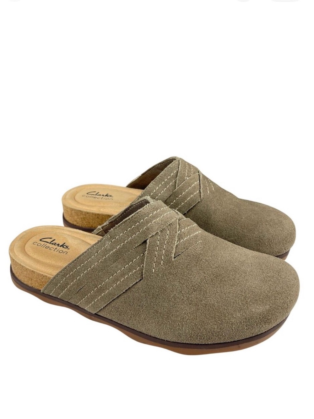 Clarks Women’s Brynn Glide Clog Mules 11M Beige Pebble Suede Slip-On Comfort